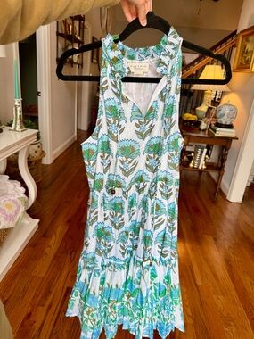 Calypso St. Barth White Floral Sundress with Aqua & Green Print